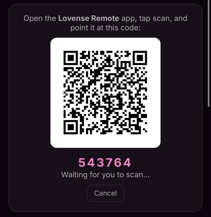 A Ferality work page showing a QR code and a six-digit number, with the text: open the Lovense Remote app, tap scan, and point it at this code.