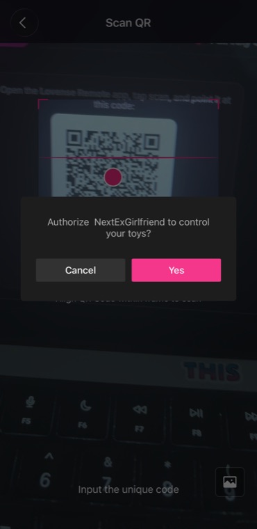 A dialog in the Lovense app reading: authorise NextExGirlfriend to control your toys, with Cancel and Yes.