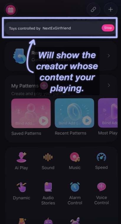The Lovense app home screen showing a bar reading: toys controlled by NextExGirlfriend, with a Stop button.