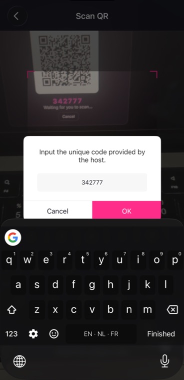 A dialog in the Lovense app reading: input the unique code provided by the host, with a six-digit code typed in.