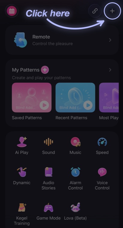 The Lovense Remote app home screen, with the plus button in the top right circled.