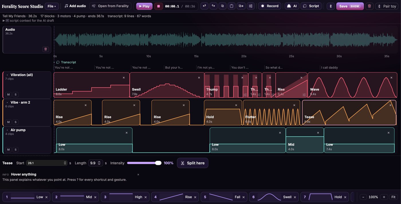 Score Studio with a 36-second piece
      open: a waveform across the top, the spoken words laid along the timeline beneath
      it, and three lanes of clips below that labelled Vibration, Vibe arm 2 and Air
      pump, each clip drawn as the shape it plays.