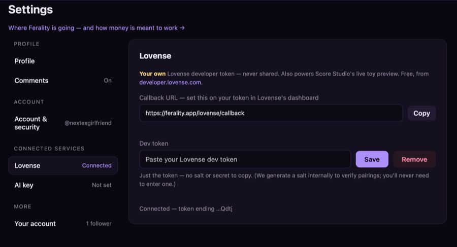 Ferality's settings page, Lovense panel, showing a callback URL of https://ferality.app/lovense/callback with a copy button.