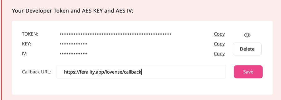 The Lovense developer dashboard with the callback URL field filled in with Ferality's callback address and a save button beside it.
