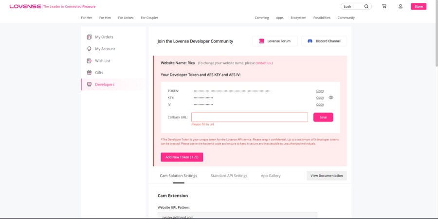 The Lovense developer dashboard showing a token, an AES key and an IV, all hidden behind dots, plus an empty callback URL field.