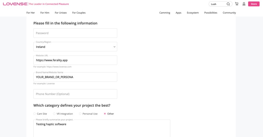 Lovense's developer details form, with website URL set to ferality.app, a brand name field, project category Other, and a project summary reading testing haptic software.