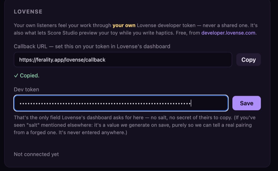 Ferality's Lovense settings panel with a dev token pasted into the field, ready to save.
