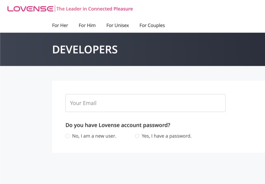 Lovense's developer sign-up page, asking for an email address and whether you already have a Lovense account password.